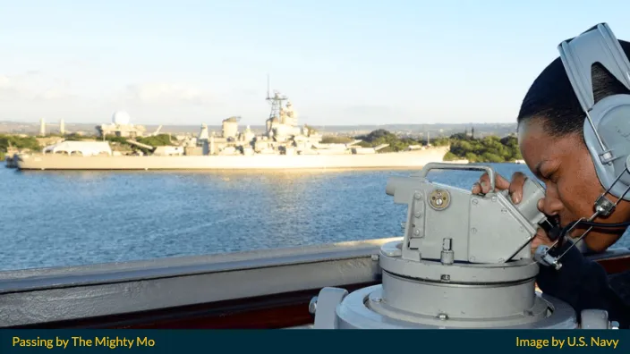 U.S. Navy vessel passing the USS Missouri (Mighty Mo)